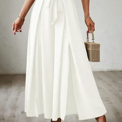 High Waist Bow-Tie Pleated Wide-Leg Pants with Belt