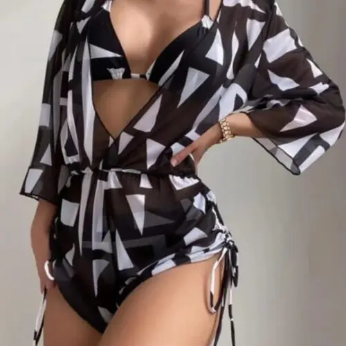 Tropical Print High Waist Tie Bikini Three-Piece Set