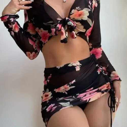 Printed Drawstring Long-Sleeve Blouse Bikini Set