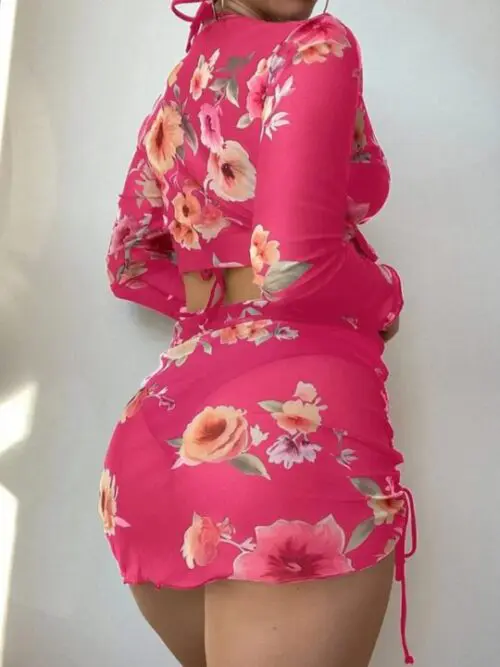 Printed Drawstring Long-Sleeve Blouse Bikini Set