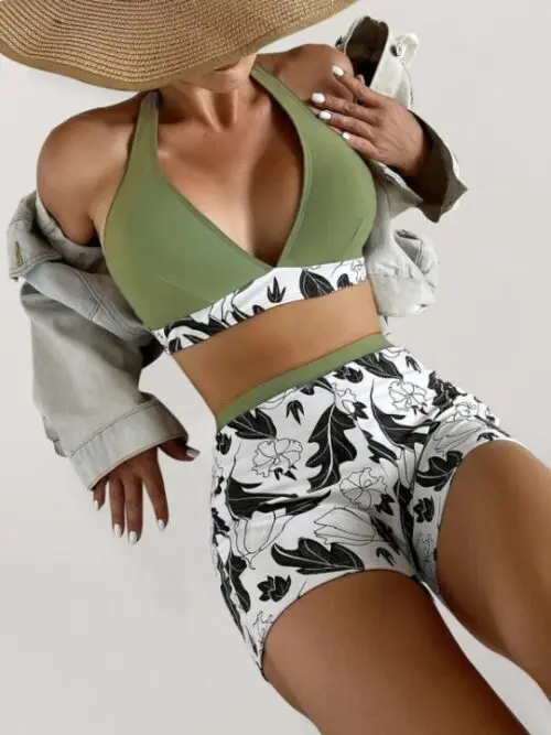 Printed Solid Color Panel High Waist Boxer Tie Bikini for Stylish Beachwear