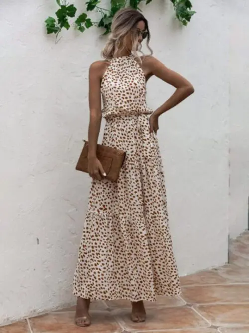 Chic Polka Dot Print Halter Neck Tie Dress