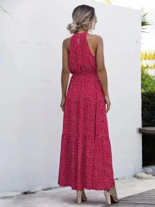 Chic Polka Dot Print Halter Neck Tie Dress