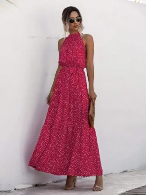 Chic Polka Dot Print Halter Neck Tie Dress