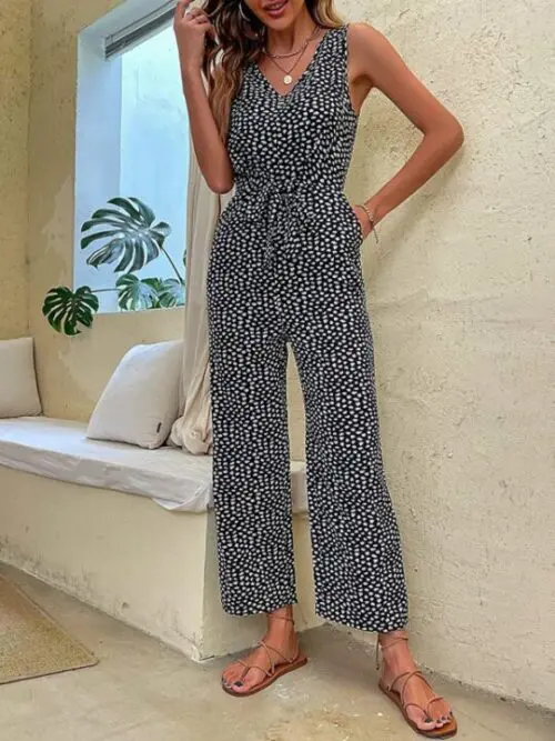 Leopard Print V-Neck Woven Casual Jumpsuit