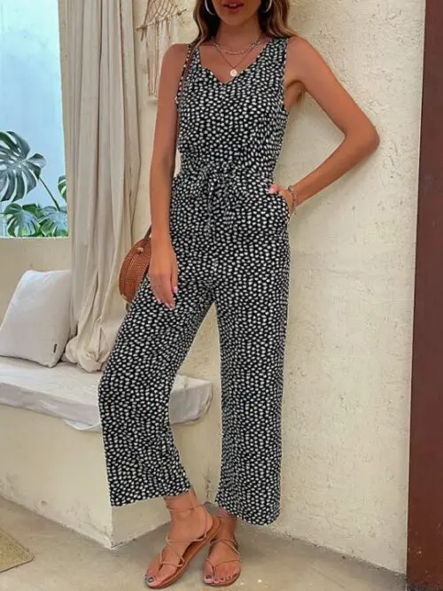 Leopard Print V-Neck Woven Casual Jumpsuit