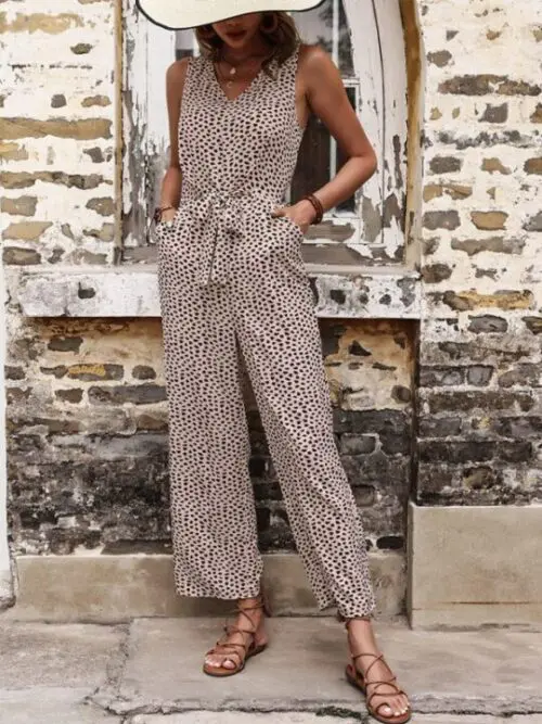 Leopard Print V-Neck Woven Casual Jumpsuit