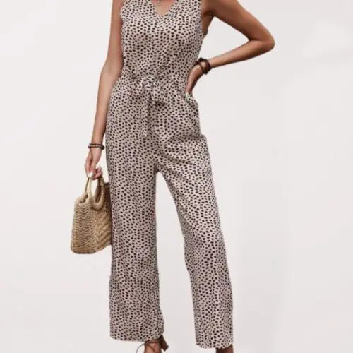 Leopard Print V-Neck Woven Casual Jumpsuit