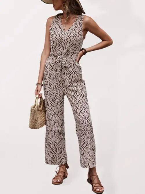 Leopard Print V-Neck Woven Casual Jumpsuit