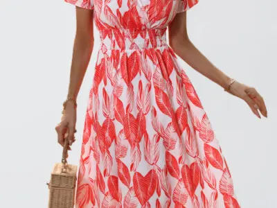 Elegant V-Neck Floral Print Short-Sleeved Dress
