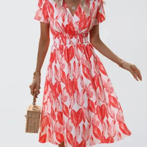 Elegant V-Neck Floral Print Short-Sleeved Dress