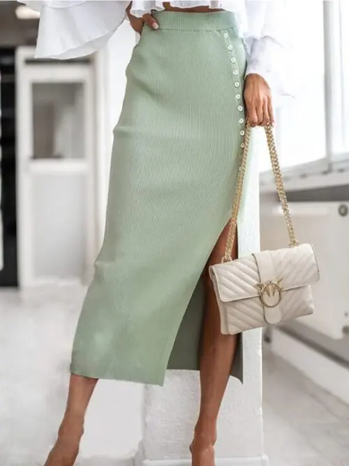 Stylish Midi Skirt with Button Slit in a Solid Color