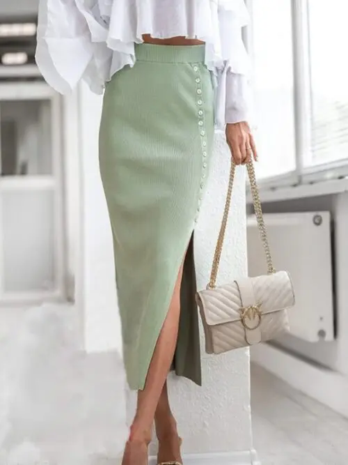 Stylish Midi Skirt with Button Slit in a Solid Color