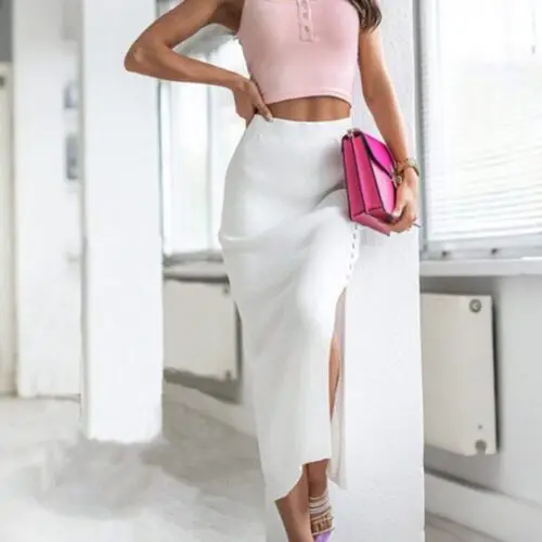 Stylish Midi Skirt with Button Slit in a Solid Color