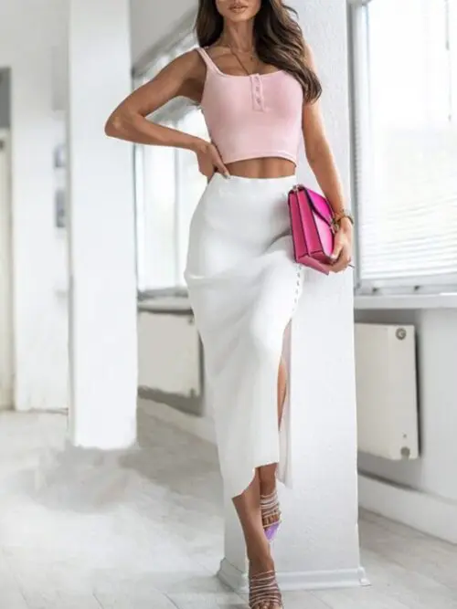 Stylish Midi Skirt with Button Slit in a Solid Color