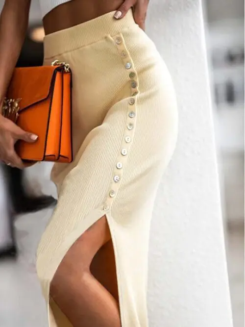 Stylish Midi Skirt with Button Slit in a Solid Color