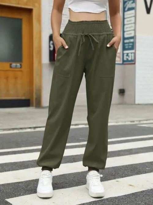 High-Waisted Woven Pants with Elastic Waist
