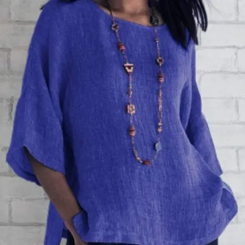 Women's Cotton Linen Round Neck Three-Quarter Sleeve Shirt Top