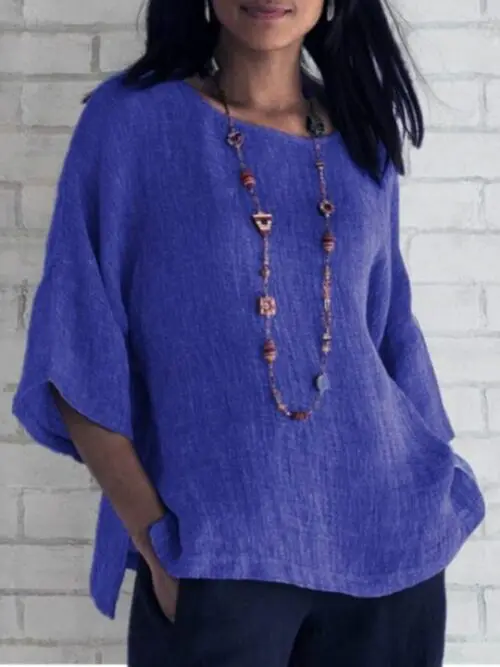 Women's Cotton Linen Round Neck Three-Quarter Sleeve Shirt Top