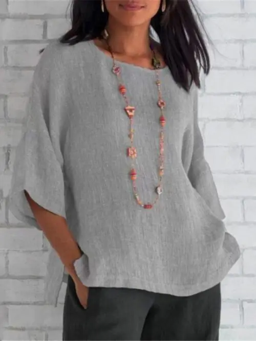 Women's Cotton Linen Round Neck Three-Quarter Sleeve Shirt Top