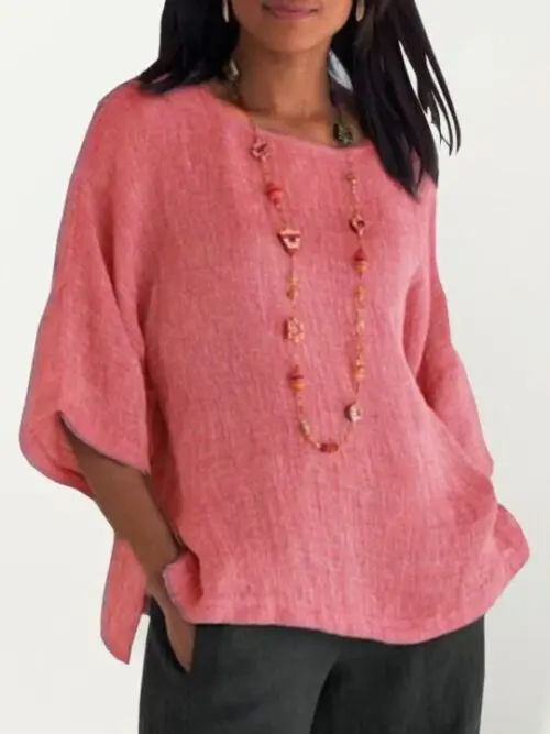 Women's Cotton Linen Round Neck Three-Quarter Sleeve Shirt Top