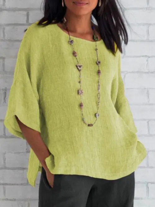 Women's Cotton Linen Round Neck Three-Quarter Sleeve Shirt Top