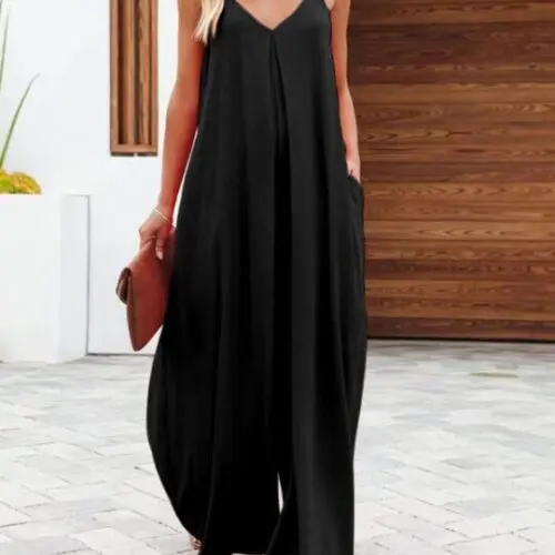 New cross-border solid color side pocket casual jumpsuit