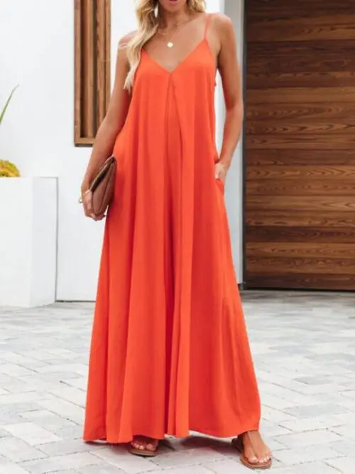 New cross-border solid color side pocket casual jumpsuit