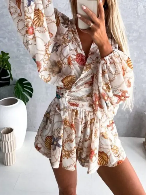 Floral Long-Sleeved V-Neck Jumpsuit with Shorts