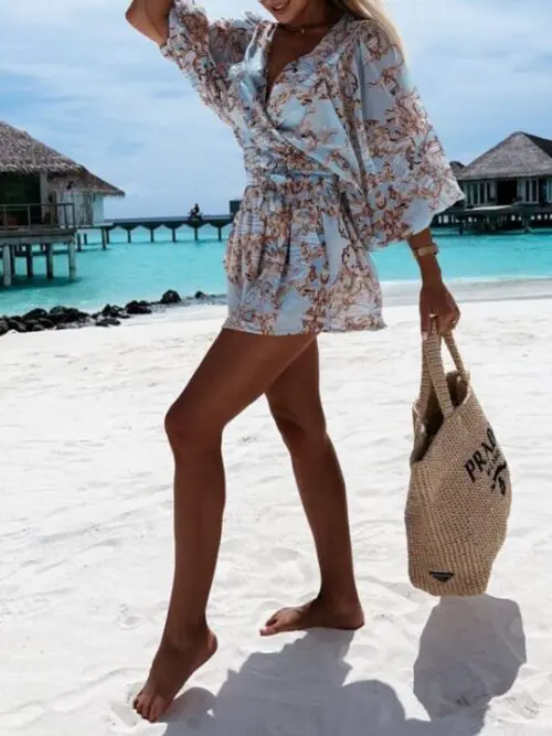 Floral Long-Sleeved V-Neck Jumpsuit with Shorts