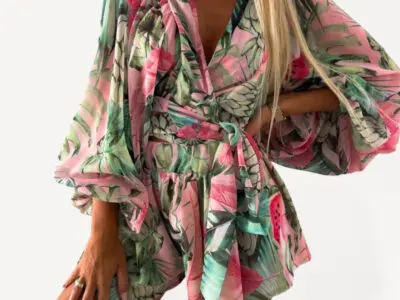 Floral Long-Sleeved V-Neck Jumpsuit with Shorts