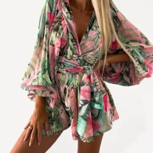Floral Long-Sleeved V-Neck Jumpsuit with Shorts