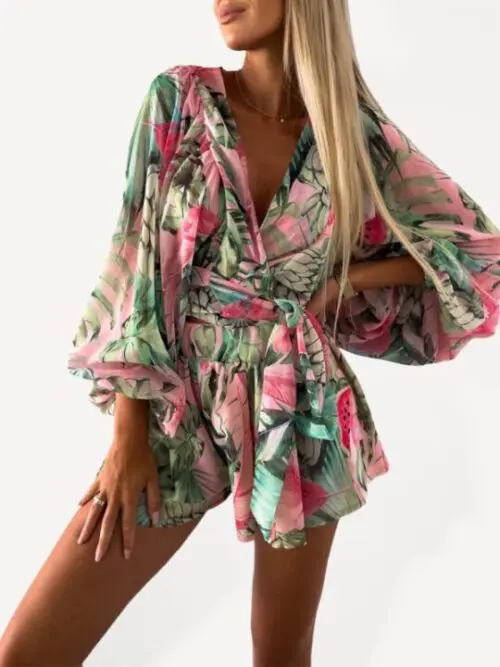 Floral Long-Sleeved V-Neck Jumpsuit with Shorts