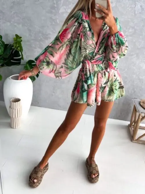 Floral Long-Sleeved V-Neck Jumpsuit with Shorts