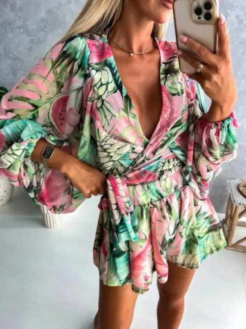 Floral Long-Sleeved V-Neck Jumpsuit with Shorts
