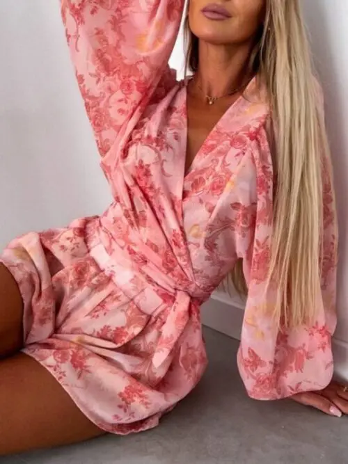 Floral Long-Sleeved V-Neck Jumpsuit with Shorts