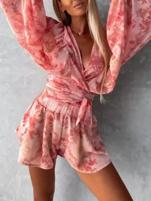 Floral Long-Sleeved V-Neck Jumpsuit with Shorts