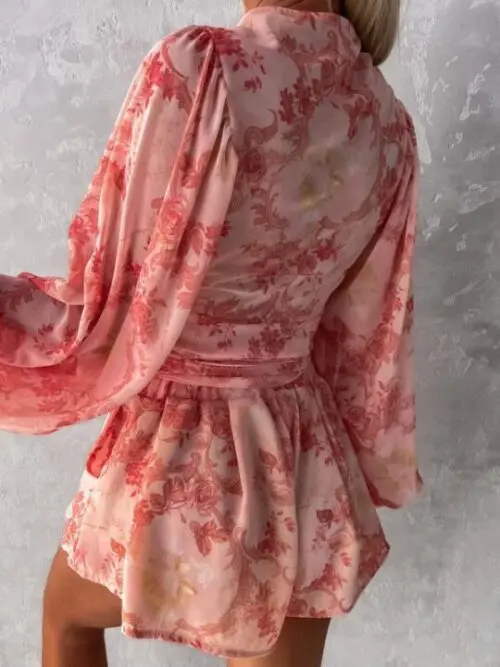 Floral Long-Sleeved V-Neck Jumpsuit with Shorts