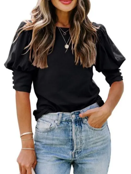 Round Neck Buttoned Solid Color Loose Top T-Shirt