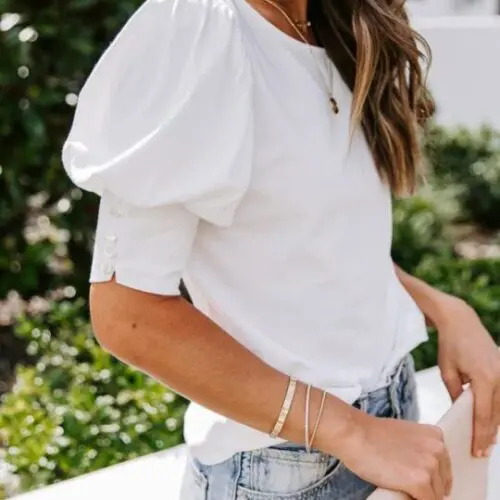 Round Neck Buttoned Solid Color Loose Top T-Shirt