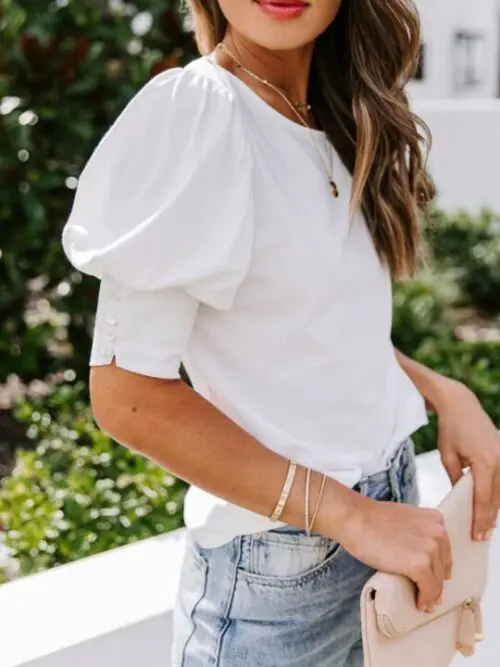 Round Neck Buttoned Solid Color Loose Top T-Shirt