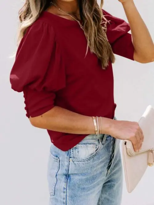 Round Neck Buttoned Solid Color Loose Top T-Shirt