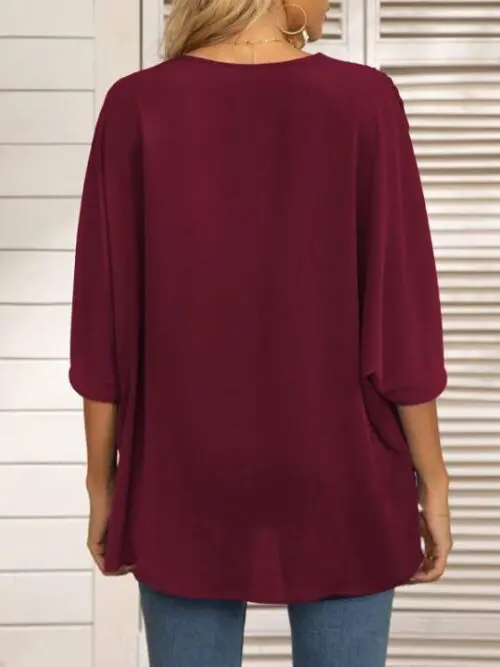 Dolman Sleeve Chiffon V-Neck Short Sleeve Shirt