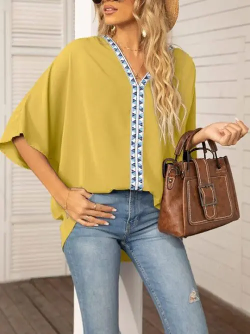Dolman Sleeve Chiffon V-Neck Short Sleeve Shirt