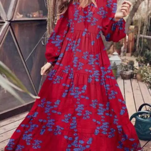 Crinkled Bohemian Maxi Dress with Paneled Cotton |Print and Oversized Design