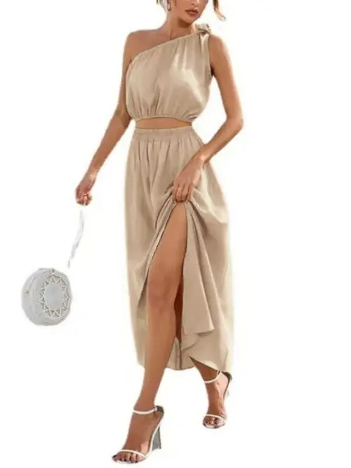 Fashion Slanted Shoulder Bow Knot Set Slit Large Swing Dress Two-Piece Set