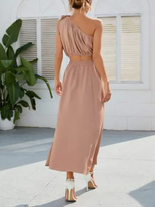 Fashion Slanted Shoulder Bow Knot Set Slit Large Swing Dress Two-Piece Set
