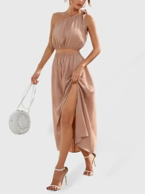 Fashion Slanted Shoulder Bow Knot Set Slit Large Swing Dress Two-Piece Set
