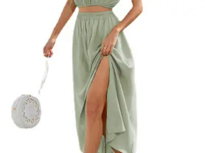 Fashion Slanted Shoulder Bow Knot Set Slit Large Swing Dress Two-Piece Set