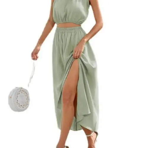 Fashion Slanted Shoulder Bow Knot Set Slit Large Swing Dress Two-Piece Set
